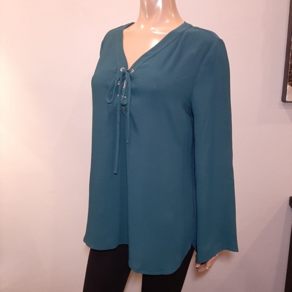 George Boho Tunic Blouse Long Flare Sleeves Lace Up Vneck Teal - Picture 3 of 10